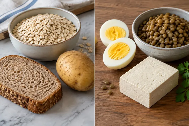 Gegenüberstellung: links Kohlenhydrat, rechts Protein