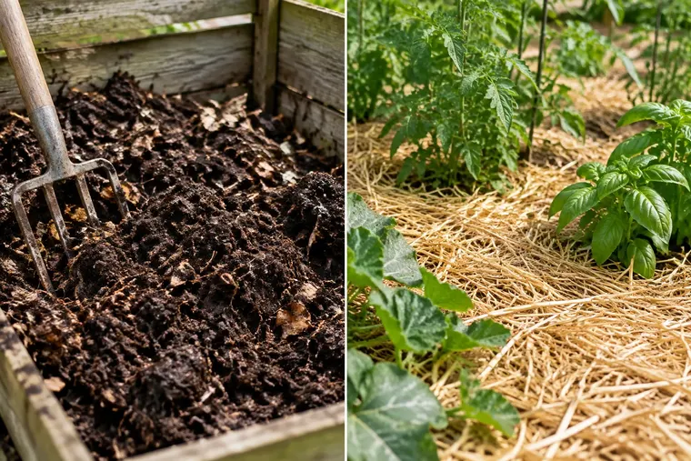 Gegenüberstellung: links Kompost, rechts Mulch