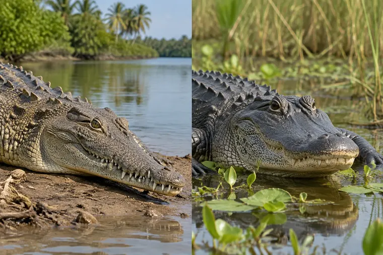 Gegenüberstellung: links Krokodil, rechts Alligator