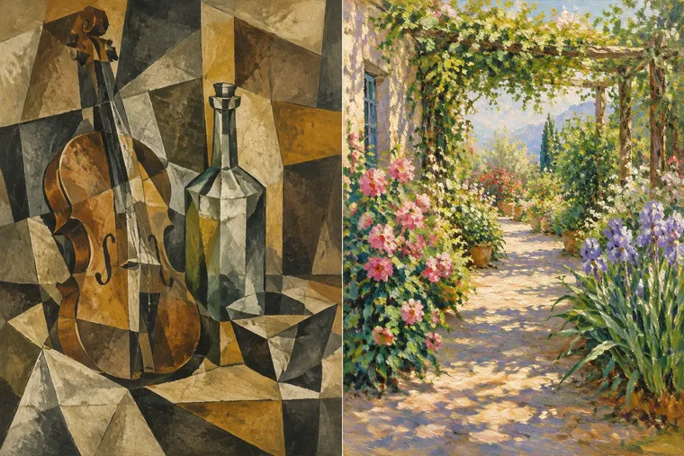 Gegenüberstellung: links kubistische Malerei, rechts impressionistische Malerei