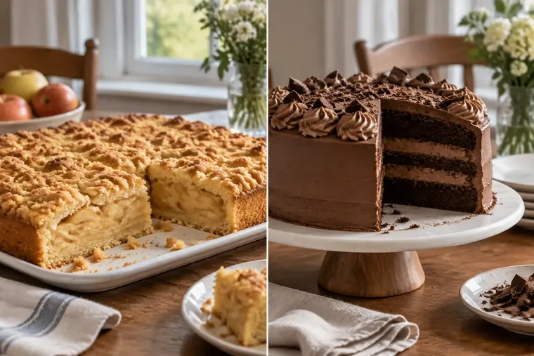 Gegenüberstellung: links Kuchen, rechts Torte