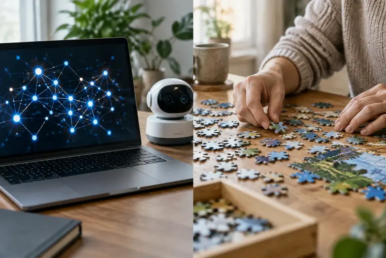 Gegenüberstellung: links künstliche Intelligenz, rechts Intelligenz
