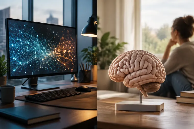 Gegenüberstellung: links künstliche Intelligenz, rechts menschliches Gehirn