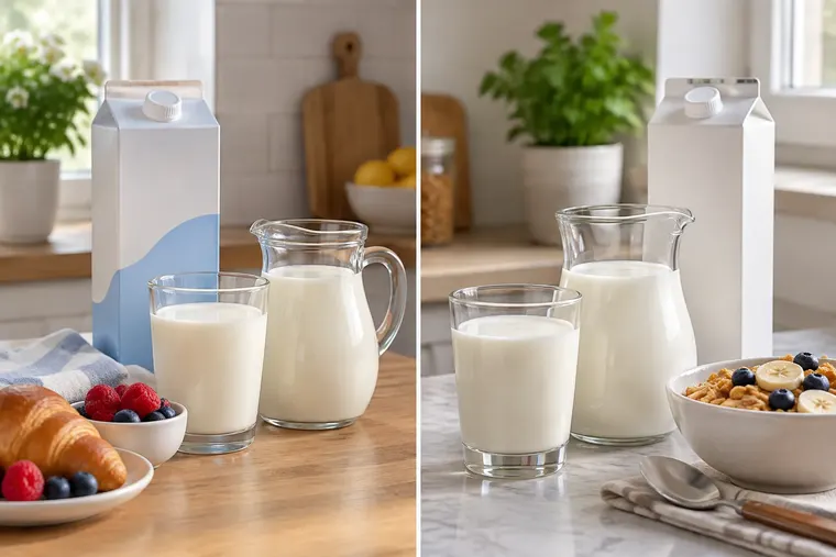 Gegenüberstellung: links laktosefreie Milch, rechts normale Milch