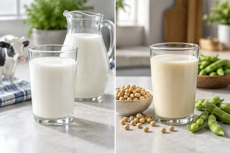 Gegenüberstellung: links laktosefreie Milch, rechts Sojamilch