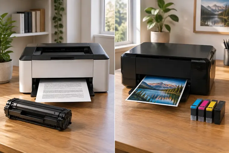 Gegenüberstellung: links Laserdrucker, rechts Tintenstrahldrucker