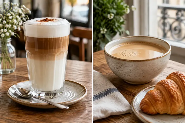 Gegenüberstellung: links Latte macchiato, rechts Café au lait