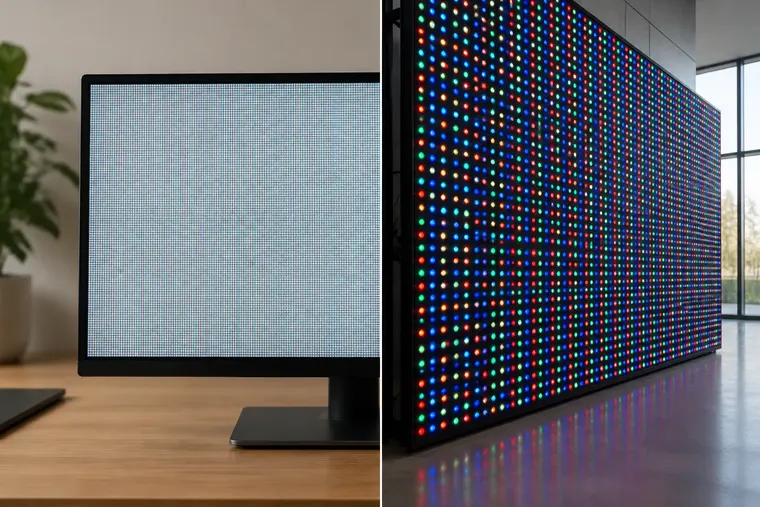 Gegenüberstellung: links LCD-Bildschirm, rechts LED-Bildschirm