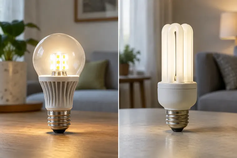 Gegenüberstellung: links LED-Beleuchtung, rechts Energiesparlampe