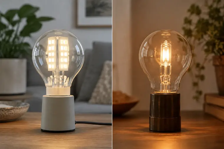 Gegenüberstellung: links LED-Lampe, rechts Halogenlampe