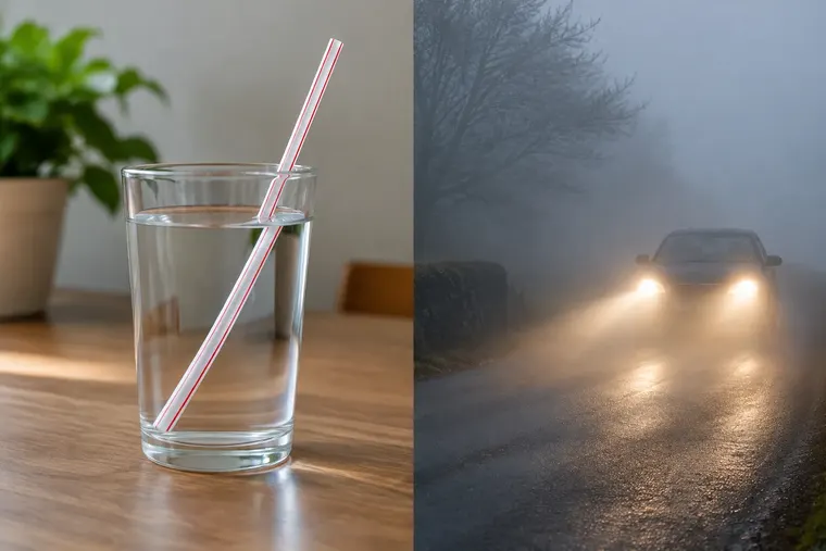 Gegenüberstellung: links Lichtbrechung, rechts Lichtstreuung