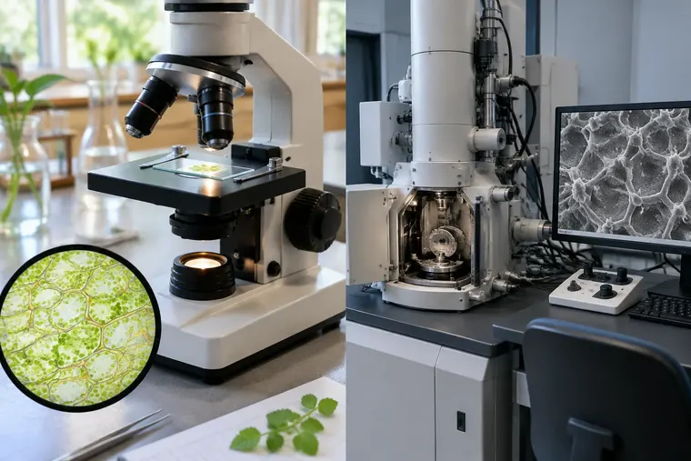Gegenüberstellung: links Lichtmikroskop, rechts Elektronenmikroskop