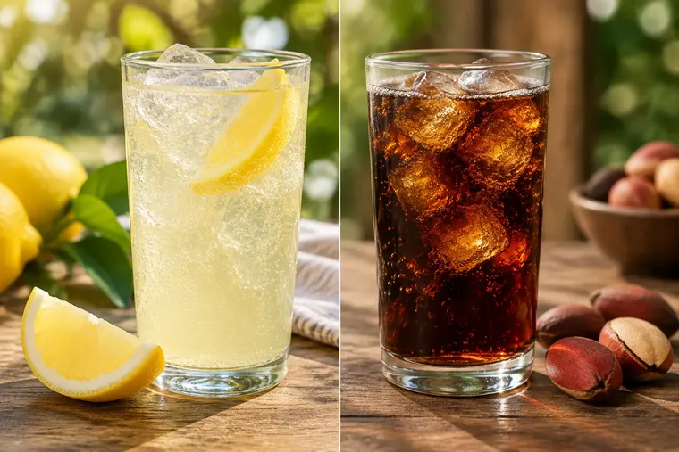 Gegenüberstellung: links Limonade, rechts Cola