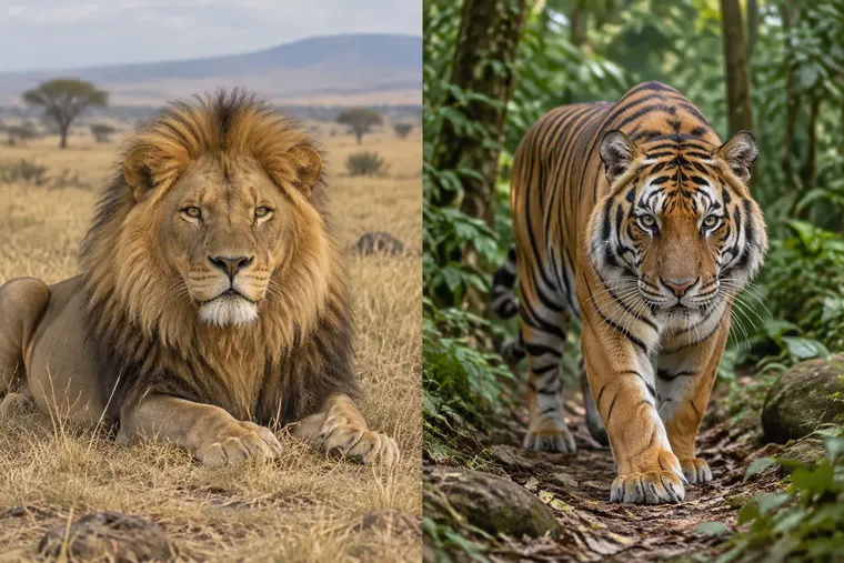 Gegenüberstellung: links Löwe, rechts Tiger