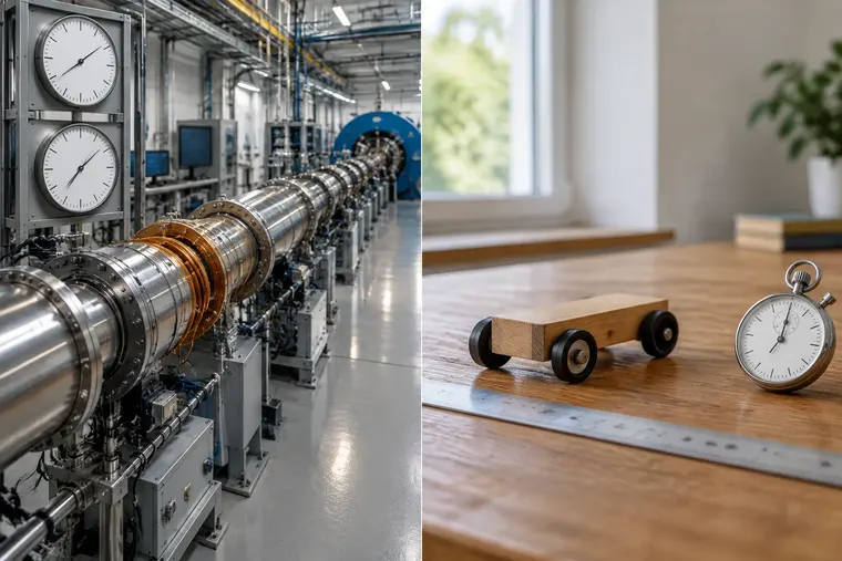 Gegenüberstellung: links Lorentztransformation, rechts Galileitransformation