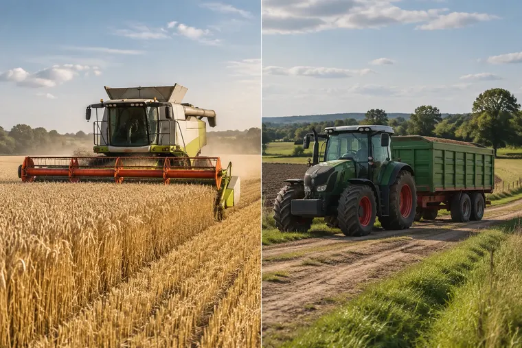 Gegenüberstellung: links Mähdrescher, rechts Traktor