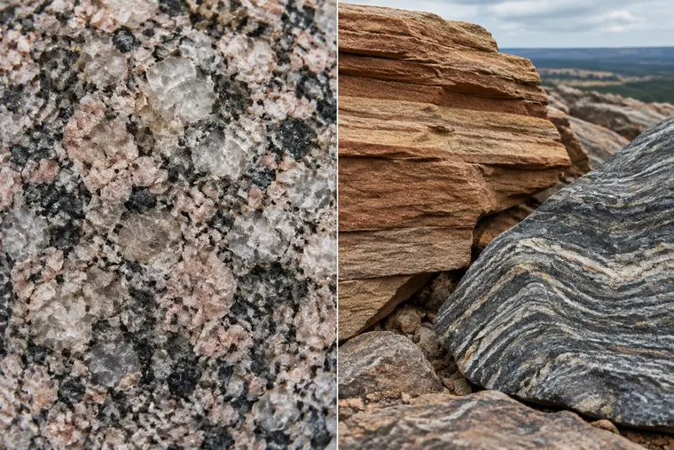 Gegenüberstellung: links Magmatit, rechts Sedimentgestein und metamorphes Gestein
