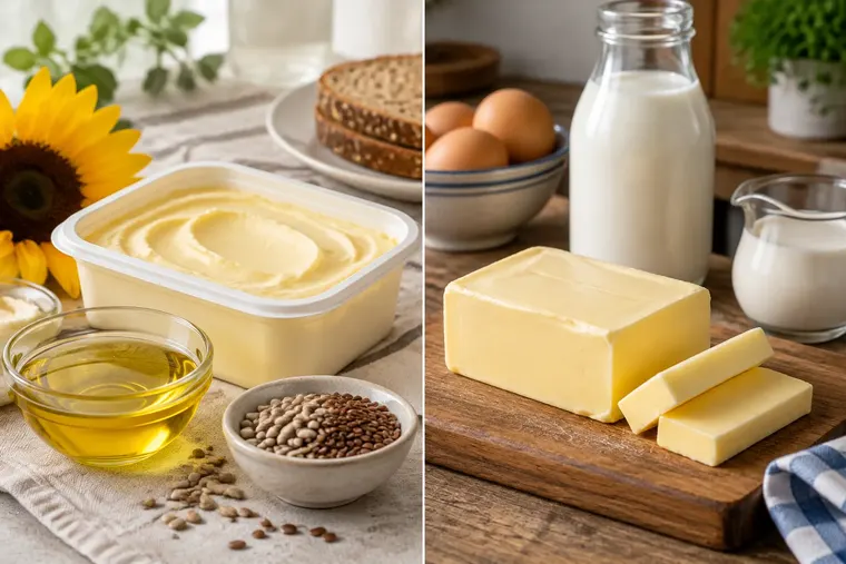Gegenüberstellung: links Margarine, rechts Butter