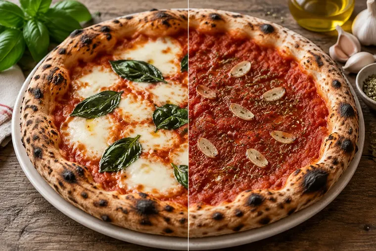 Gegenüberstellung: links Margherita-Pizza, rechts Marinara-Pizza
