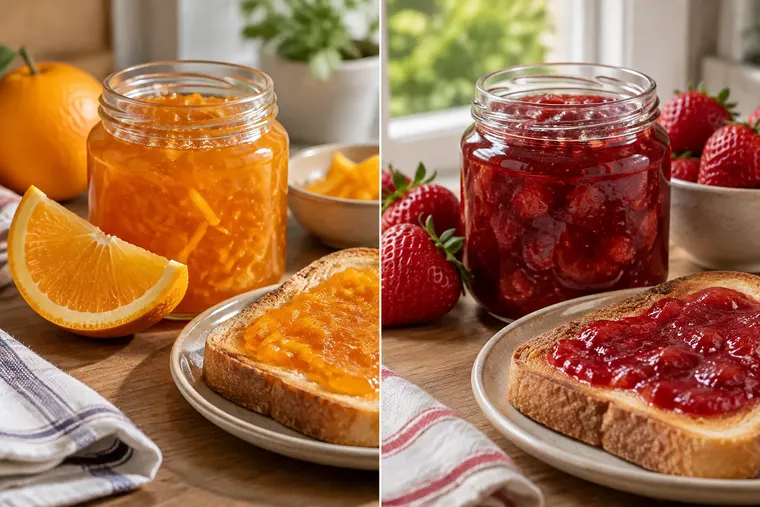 Gegenüberstellung: links Marmelade, rechts Konfitüre