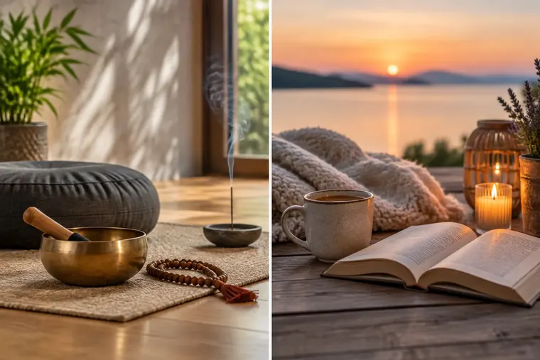 Gegenüberstellung: links Meditation, rechts Entspannung