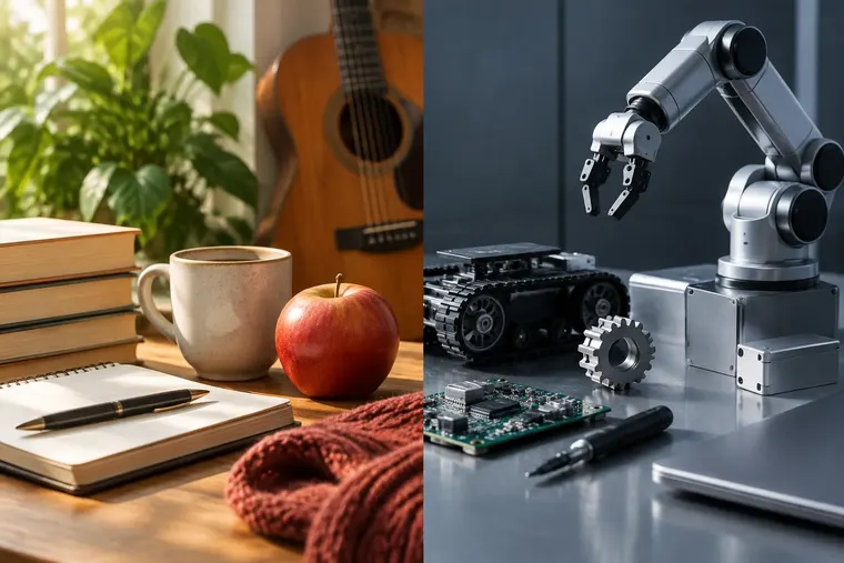 Gegenüberstellung: links Mensch, rechts Roboter