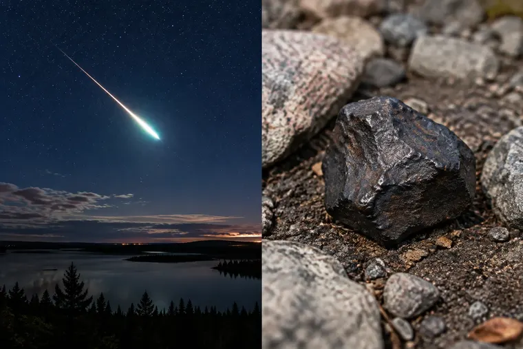 Gegenüberstellung: links Meteor, rechts Meteorit