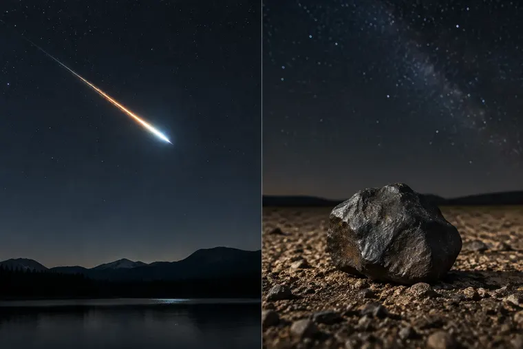 Gegenüberstellung: links Meteor, rechts Meteoroid und Meteorit