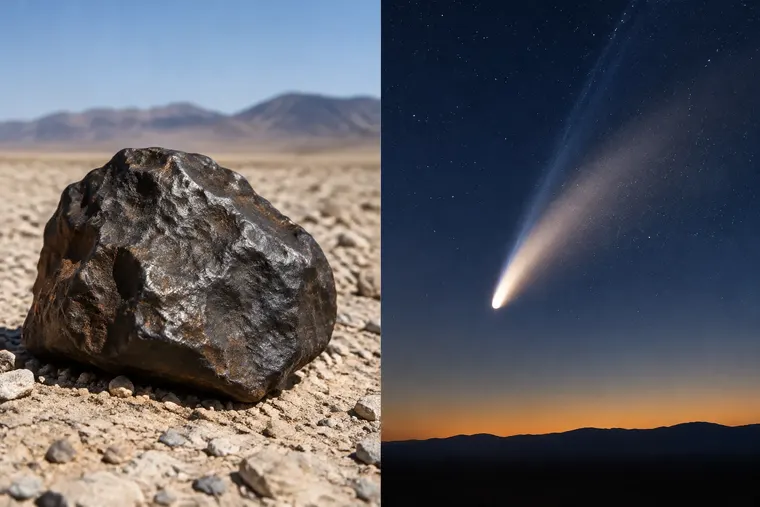 Gegenüberstellung: links Meteorit, rechts Komet