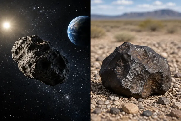 Gegenüberstellung: links Meteoroid, rechts Meteorit