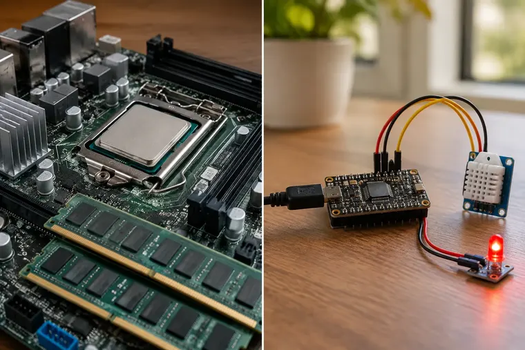 Gegenüberstellung: links Mikroprozessor, rechts Mikrocontroller