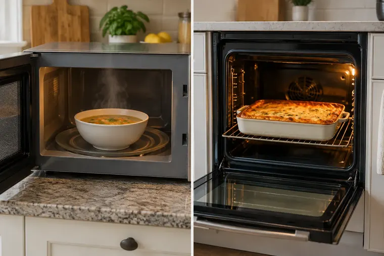 Gegenüberstellung: links Mikrowelle, rechts Backofen
