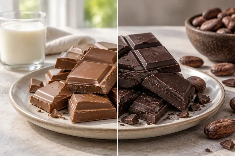 Gegenüberstellung: links Milchschokolade, rechts dunkle Schokolade
