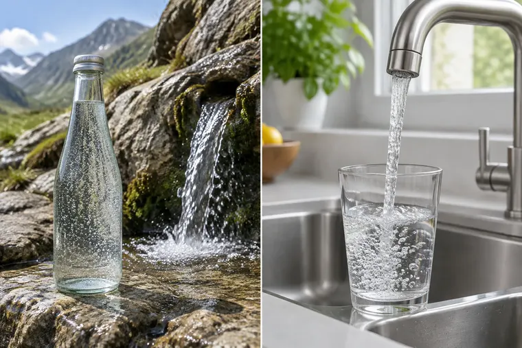 Gegenüberstellung: links Mineralwasser, rechts Leitungswasser