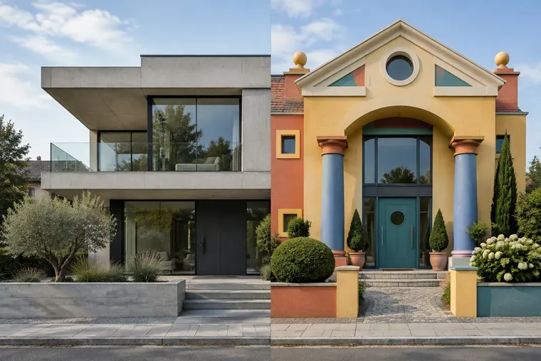 Gegenüberstellung: links moderne Architektur, rechts postmoderne Architektur