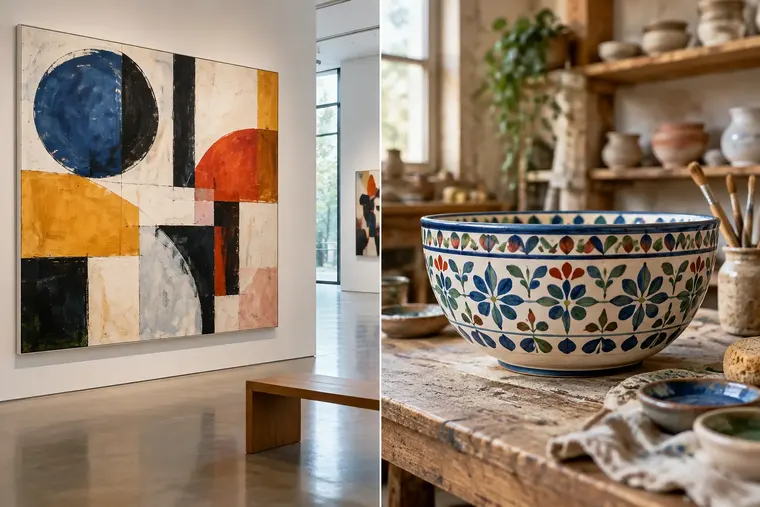 Gegenüberstellung: links moderne Kunst, rechts traditionelle Kunst