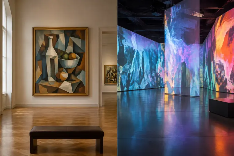 Gegenüberstellung: links moderne Kunst, rechts zeitgenössische Kunst
