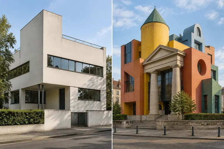 Gegenüberstellung: links Modernismus, rechts Postmodernismus