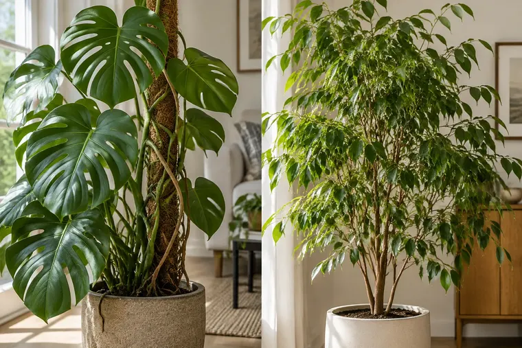 Gegenüberstellung: links Monstera, rechts Ficus