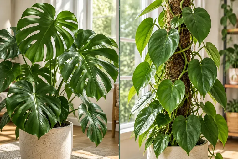 Gegenüberstellung: links Monstera, rechts Philodendron
