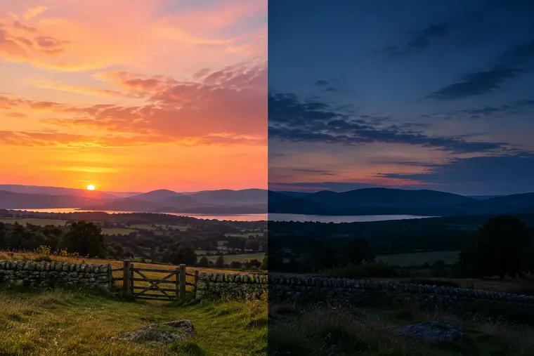 Gegenüberstellung: links Morgenröte, rechts Abenddämmerung