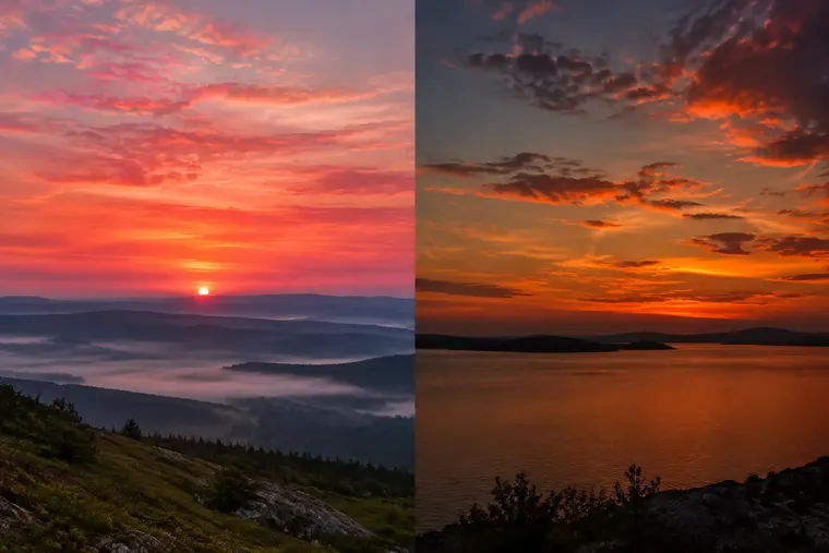 Gegenüberstellung: links Morgenrot, rechts Abendrot