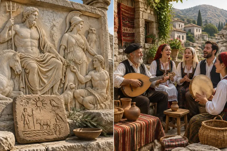 Gegenüberstellung: links Mythologie, rechts Folklore