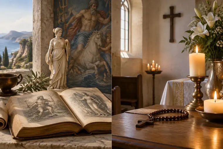Gegenüberstellung: links Mythologie, rechts Religion