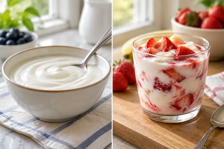 Gegenüberstellung: links Naturjoghurt, rechts Fruchtjoghurt
