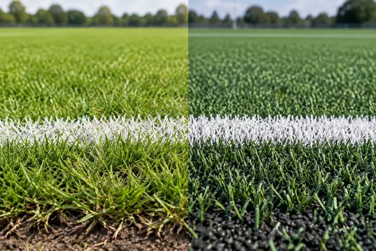 Gegenüberstellung: links Naturrasen, rechts Kunstrasen