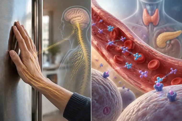 Gegenüberstellung: links Nervensystem, rechts Hormonsystem