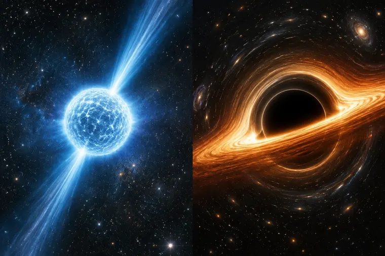 Gegenüberstellung: links Neutronenstern, rechts Schwarzes Loch