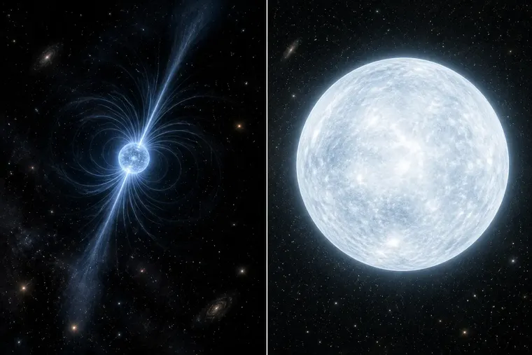 Gegenüberstellung: links Neutronenstern, rechts Weißer Zwerg