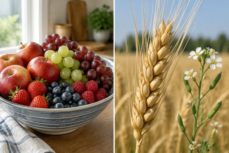 Gegenüberstellung: links Obst, rechts Frucht
